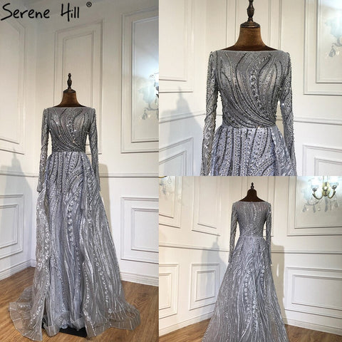 Muslim Grey Beaded  With Overskirt Mermaid  Evening Dresses Gowns Elegant For Women Party Plus Size LA70836
