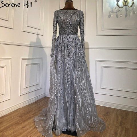 Muslim Grey Beaded  With Overskirt Mermaid  Evening Dresses Gowns Elegant For Women Party Plus Size LA70836