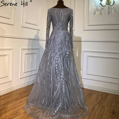 Muslim Grey Beaded  With Overskirt Mermaid  Evening Dresses Gowns Elegant For Women Party Plus Size LA70836