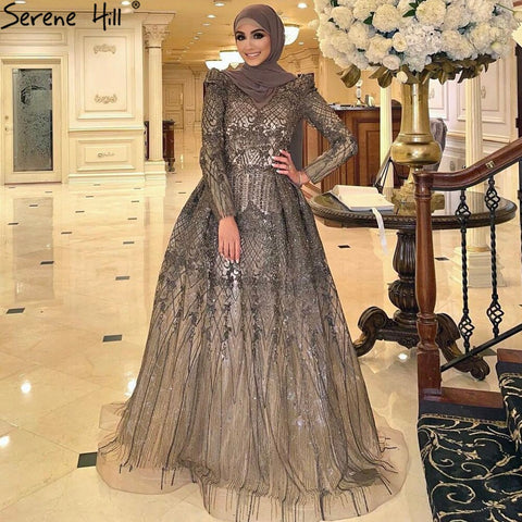 Muslim Grey Luxury  A lineEvening Dresses Gowns 2025 A-Line Beading For Woman Wedding Party  LA71126