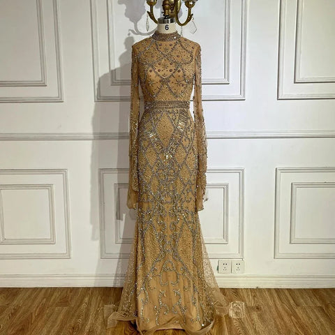 Muslim Grey Mermaid Elegant Nude Cape Sleeve Beaded Luxury Dubai Long Evening Dress 2025 Women's Party LA72316