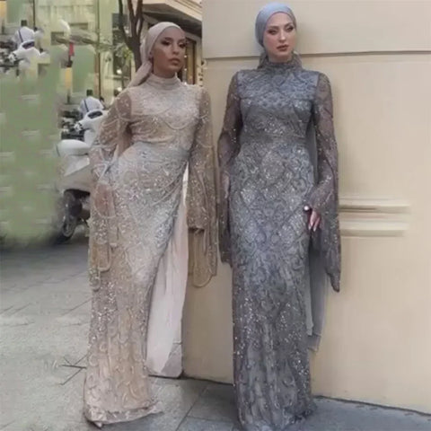 Muslim Grey Mermaid Elegant Nude Cape Sleeve Beaded Luxury Dubai Long Evening Dress 2025 Women's Party LA72316
