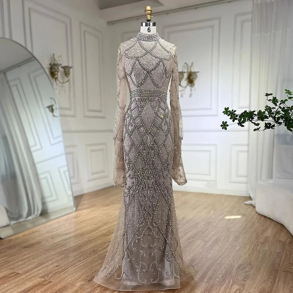 Muslim Grey Mermaid Elegant Nude Cape Sleeve Beaded Luxury Dubai Long Evening Dress 2025 Women's Party LA72316