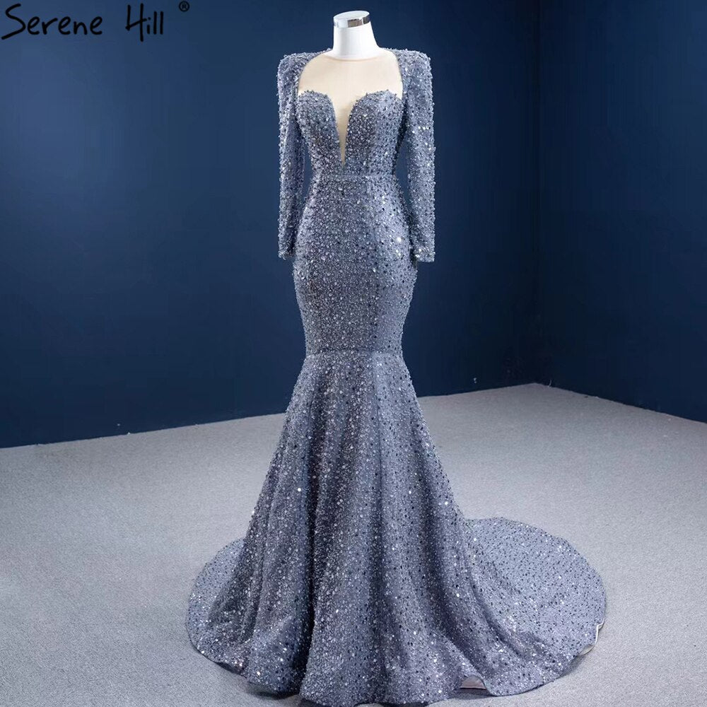 Muslim Grey Mermaid Evening Dresses 2025 Beaded Elegant Luxury Formal Dress HM67272