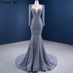 Muslim Grey Mermaid Evening Dresses 2025 Beaded Elegant Luxury Formal Dress HM67272