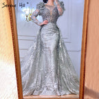 On Sale no return no refund Muslim Grey Mermaid Evening Dresses Gowns 2025 Lace Beaded Crystal With Overskirt For Woman Party  LA71172