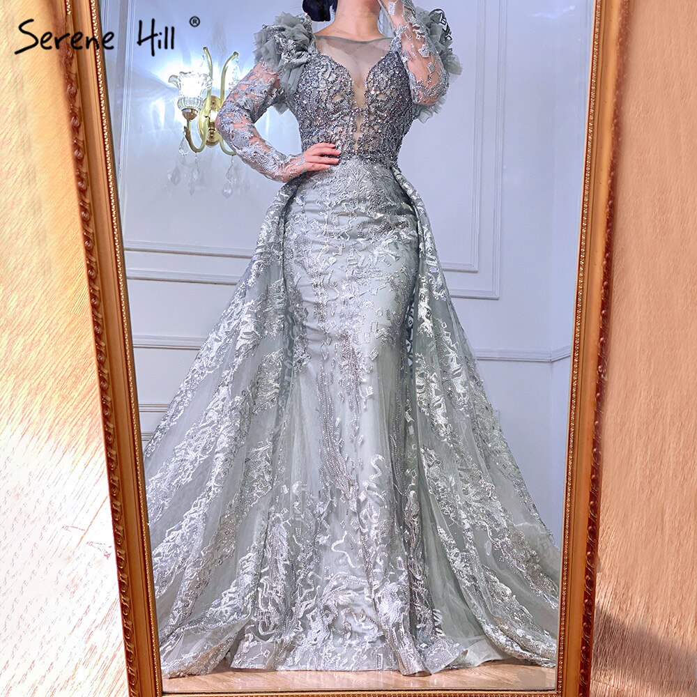 On Sale no return no refund Muslim Grey Mermaid Evening Dresses Gowns 2025 Lace Beaded Crystal With Overskirt For Woman Party  LA71172