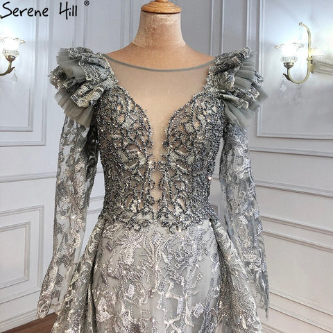 Robe de soirée sirène grise musulmane, en dentelle, perles et cristaux, avec jupe, pour femme, LA71172, en solde, sans retour ni remboursement. 