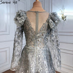 On Sale no return no refund Muslim Grey Mermaid Evening Dresses Gowns 2025 Lace Beaded Crystal With Overskirt For Woman Party  LA71172