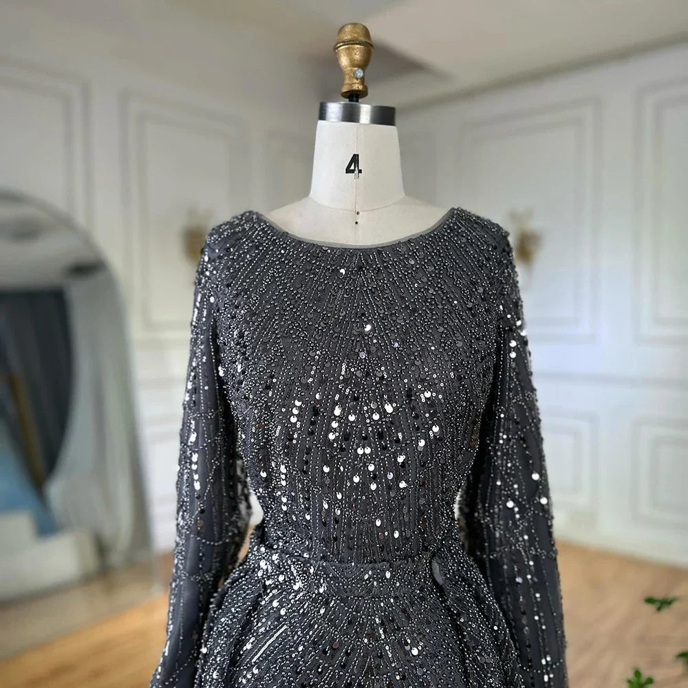 Muslim Grey Mermaid Pearls Beaded Evening Dresses Gowns For Formal Occasion LA72032H  2025