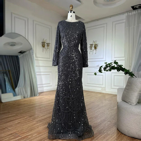 Muslim Grey Mermaid Pearls Beaded Evening Dresses Gowns For Formal Occasion LA72032H  2025