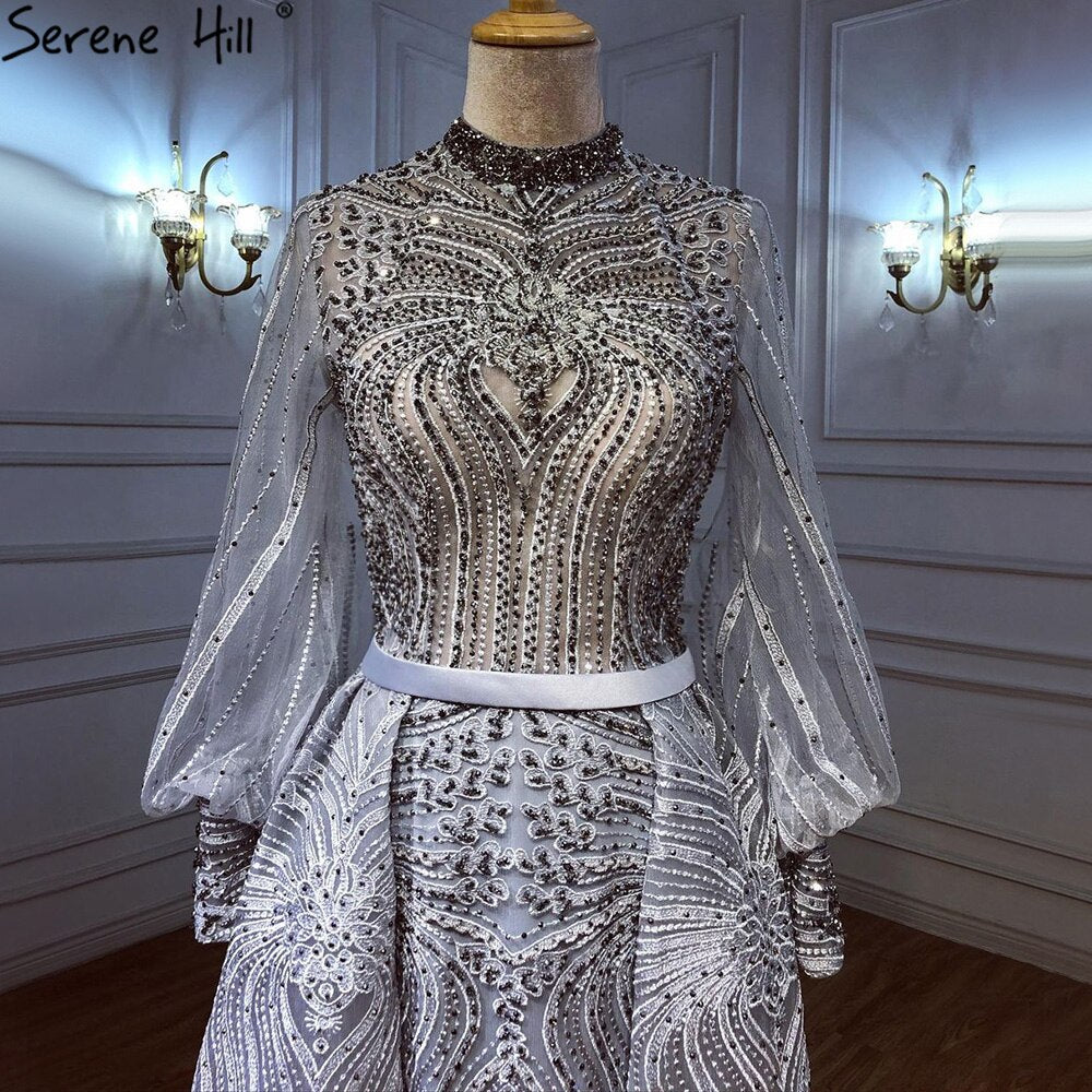 Muslim Grey Overskirt Evening Dresses Gowns 2025 Mermaid Elegant Beaded For Woman Party LA71248