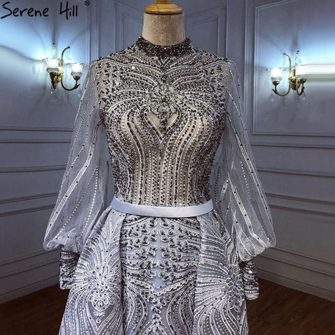 Muslim Grey Overskirt Evening Dresses Gowns 2025 Mermaid Elegant Beaded For Woman Party LA71248