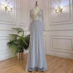 Muslim Grey V Neck Mermaid Beaded Luxury Dubai Evening Dresses 2025 For Women Elegant Party LA71903