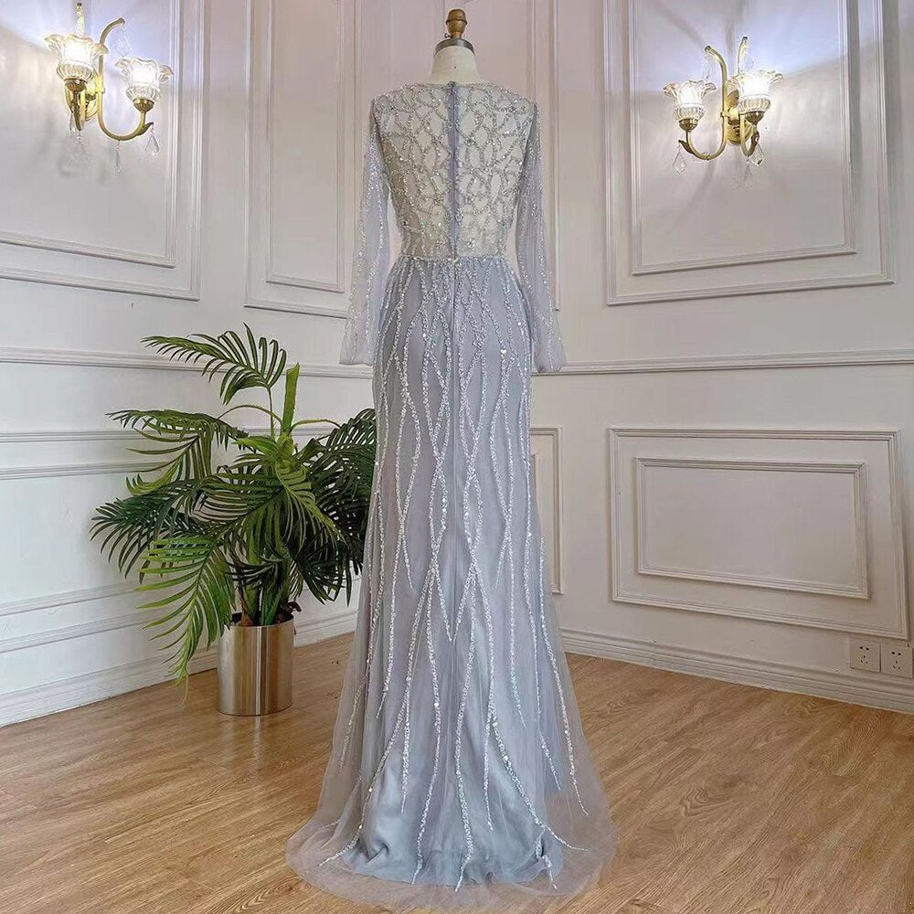 Muslim Grey V Neck Mermaid Beaded Luxury Dubai Evening Dresses 2025 For Women Elegant Party LA71903