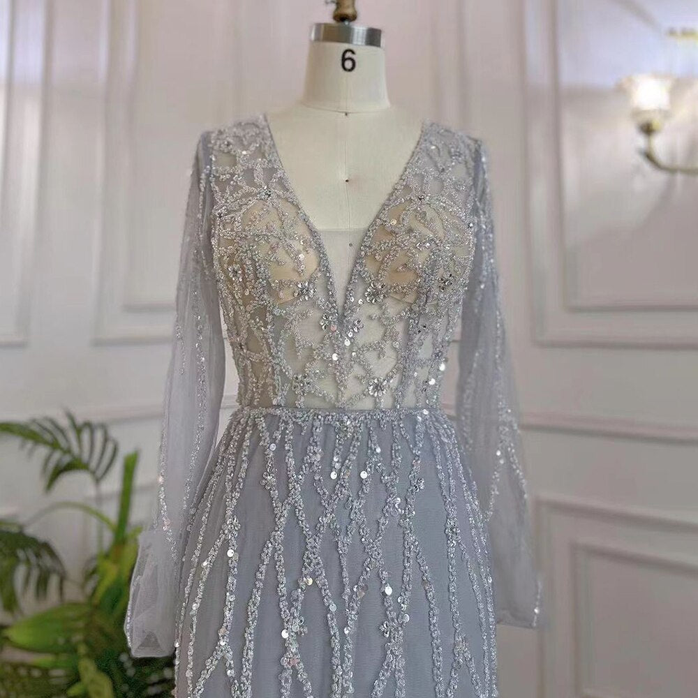 Muslim Grey V Neck Mermaid Beaded Luxury Dubai Evening Dresses 2025 For Women Elegant Party LA71903
