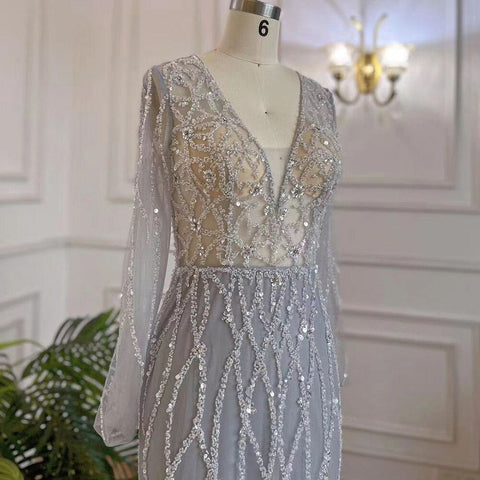 Muslim Grey V Neck Mermaid Beaded Luxury Dubai Evening Dresses 2025 For Women Elegant Party LA71903