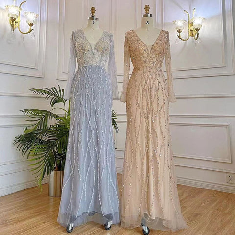 Muslim Grey V Neck Mermaid Beaded Luxury Dubai Evening Dresses 2025 For Women Elegant Party LA71903