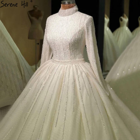 Muslim Ivory Long Sleeves Wedding Dresses 2025 Luxury High-end Beading Bride Gowns HA2467 Custom Made