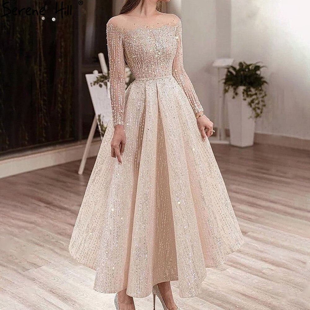 Muslim Ivory Luxury Evening Dresses Gowns 2025 A-Line Ankle-Length Beaded Formal Woman Wedding Party LA71111