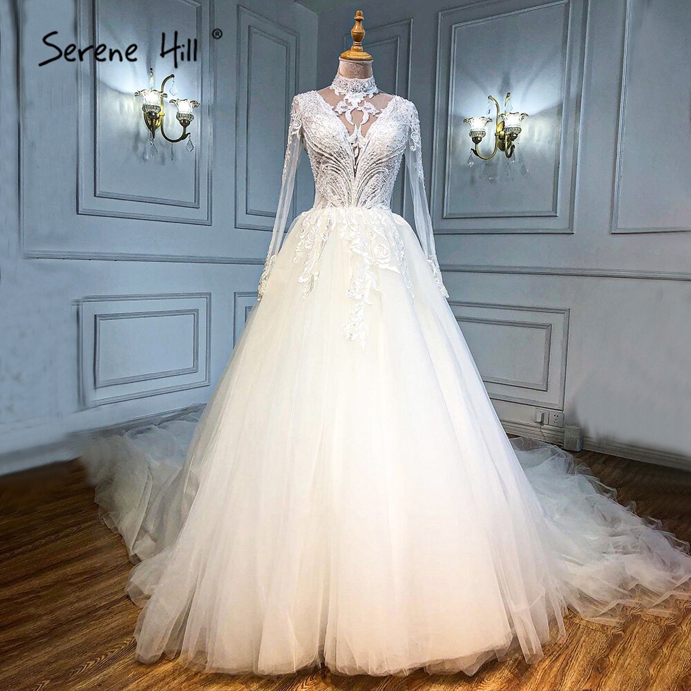 Muslim Ivory Luxury Wedding Dresses 2025 A-Line Beaded Luxury Bride Dress HA2499 Custom Made