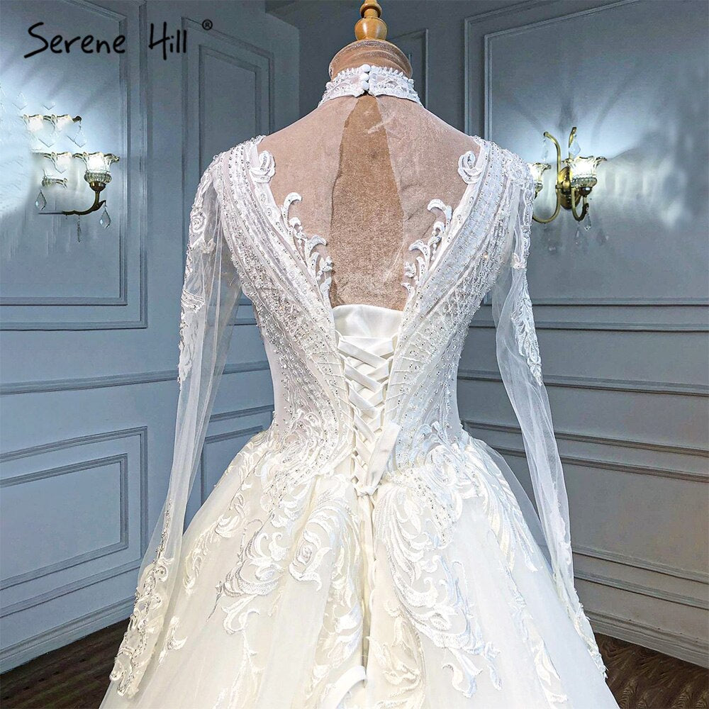 Muslim Ivory Luxury Wedding Dresses 2025 A-Line Beaded Luxury Bride Dress HA2499 Custom Made