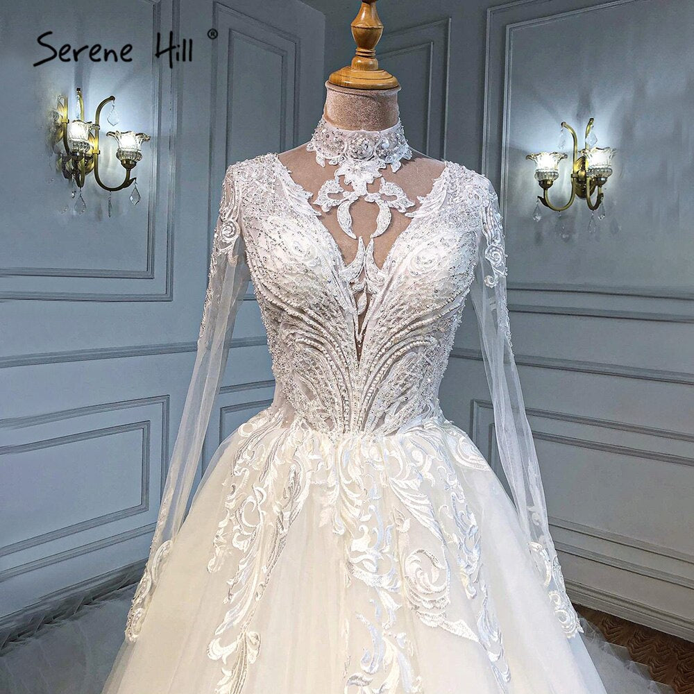 Muslim Ivory Luxury Wedding Dresses 2025 A-Line Beaded Luxury Bride Dress HA2499 Custom Made