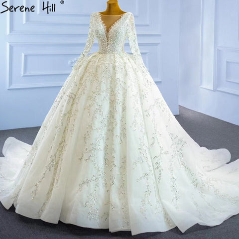 Muslim Ivory Luxury Wedding Dresses 2025 Beading Pearls Ball Gown Bridal Dress HM67260 Custom Made