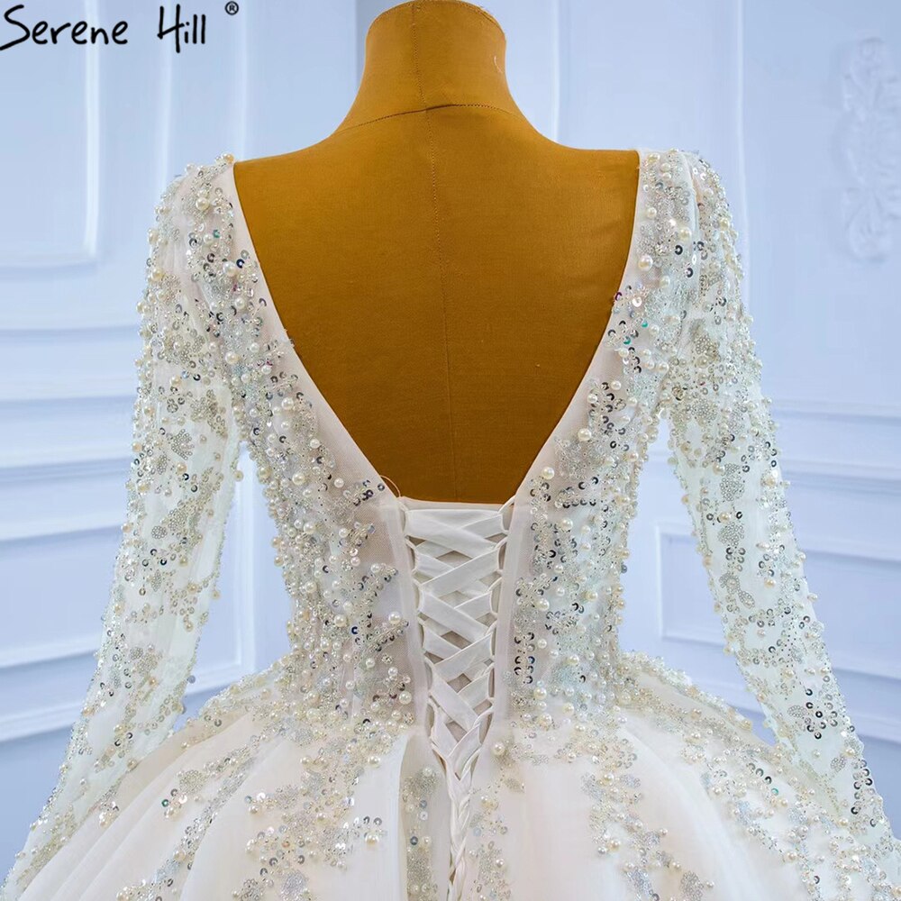 Muslim Ivory Luxury Wedding Dresses 2025 Beading Pearls Ball Gown Bridal Dress HM67260 Custom Made