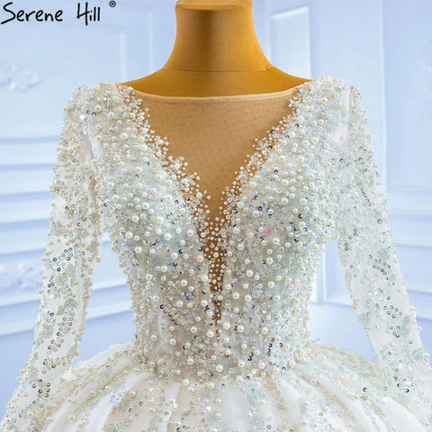 Muslim Ivory Luxury Wedding Dresses 2025 Beading Pearls Ball Gown Bridal Dress HM67260 Custom Made
