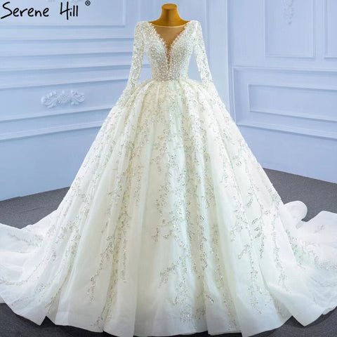 Muslim Ivory Luxury Wedding Dresses 2025 Beading Pearls Ball Gown Bridal Dress HM67260 Custom Made