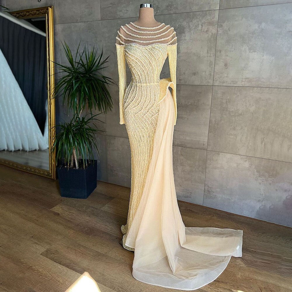 Muslim Ivory Mermaid Elegant With Skirt O Neck Luxury Beaded Evening Gowns 2025 For Women Party LA71767