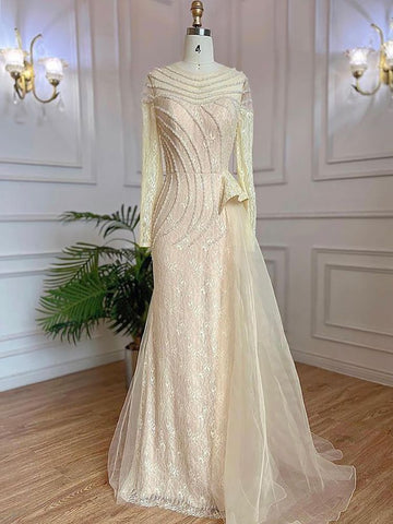 Muslim Ivory Mermaid Elegant With Skirt O Neck Luxury Beaded Evening Gowns 2025 For Women Party LA71767