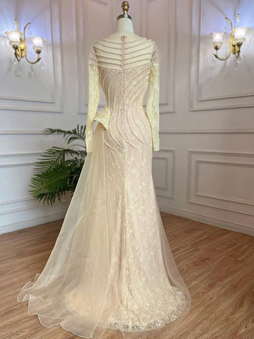 Muslim Ivory Mermaid Elegant With Skirt O Neck Luxury Beaded Evening Gowns 2025 For Women Party LA71767