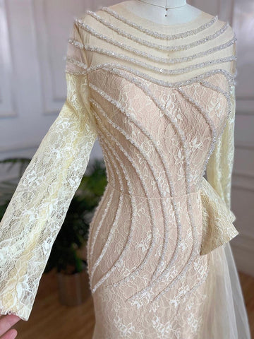 Muslim Ivory Mermaid Elegant With Skirt O Neck Luxury Beaded Evening Gowns 2025 For Women Party LA71767