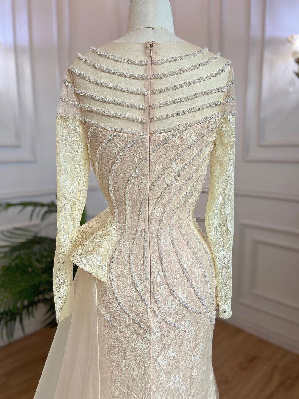 Muslim Ivory Mermaid Elegant With Skirt O Neck Luxury Beaded Evening Gowns 2025 For Women Party LA71767