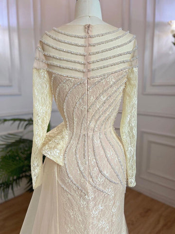 Muslim Ivory Mermaid Elegant With Skirt O Neck Luxury Beaded Evening Gowns 2025 For Women Party LA71767