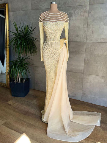 Muslim Ivory Mermaid Elegant With Skirt O Neck Luxury Beaded Evening Gowns 2025 For Women Party LA71767