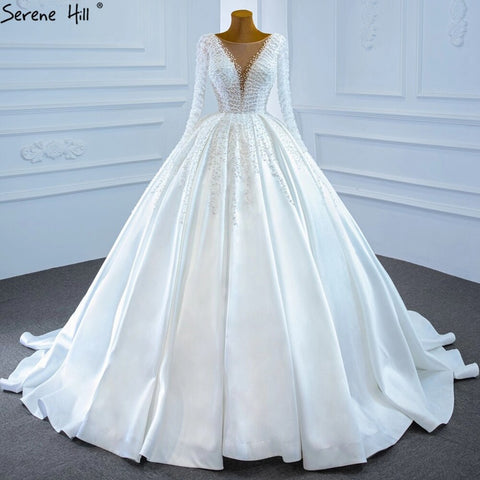 Muslim Ivory Satin Luxury Wedding Dresses Gowns 2025 Beading Pearls Sexy Bride Dress HM67210 Custom Made