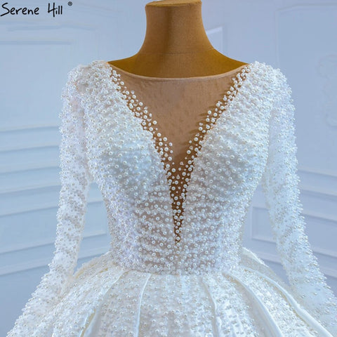 Muslim Ivory Satin Luxury Wedding Dresses Gowns 2025 Beading Pearls Sexy Bride Dress HM67210 Custom Made