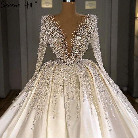 Muslim Ivory Satin Luxury Wedding Dresses Gowns 2025 Beading Pearls Sexy Bride Dress HM67210 Custom Made