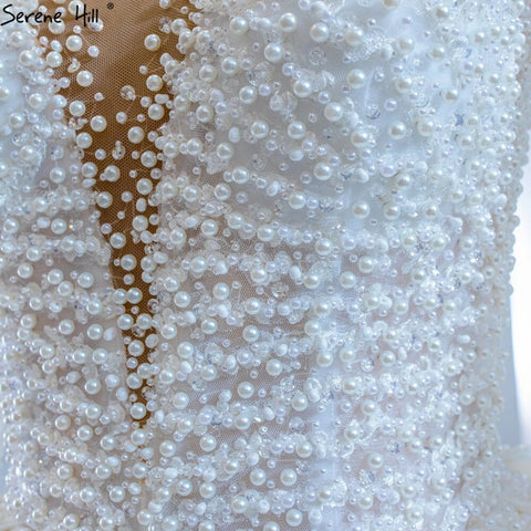 Muslim Ivory Satin Luxury Wedding Dresses Gowns 2025 Beading Pearls Sexy Bride Dress HM67210 Custom Made