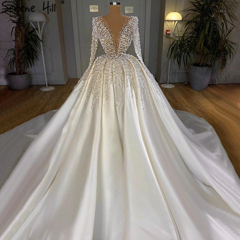 Muslim Ivory Satin Luxury Wedding Dresses Gowns 2025 Beading Pearls Sexy Bride Dress HM67210 Custom Made