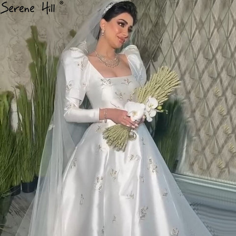 Muslim Ivory Satin Wedding Gowns 2025 Puffy Sleeves Beading Bridal Dresses HA2498 Custom Made