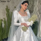 Muslim Ivory Satin Wedding Gowns 2025 Puffy Sleeves Beading Bridal Dresses HA2498 Custom Made
