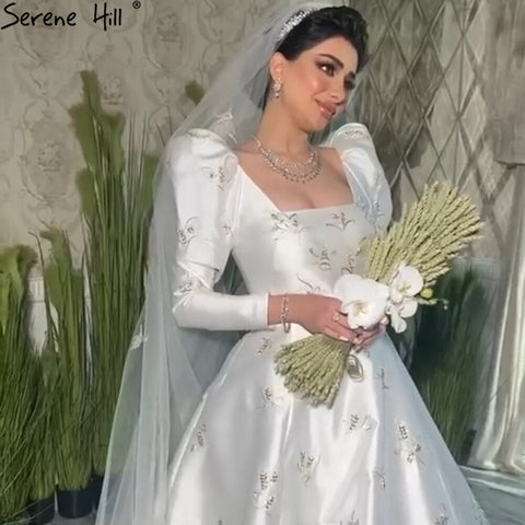 Muslim Ivory Satin Wedding Gowns 2025 Puffy Sleeves Beading Bridal Dresses HA2498 Custom Made