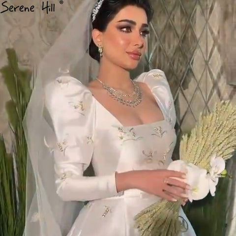 Muslim Ivory Satin Wedding Gowns 2025 Puffy Sleeves Beading Bridal Dresses HA2498 Custom Made