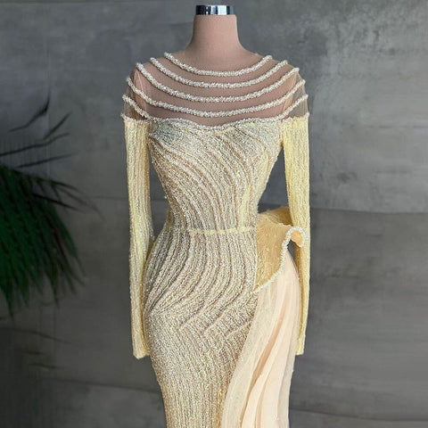 Muslim Ivory With Skirt Mermaid Elegant O Neck Luxury Beaded  Evening Dresses Gowns 2025 For Women Party LA71767