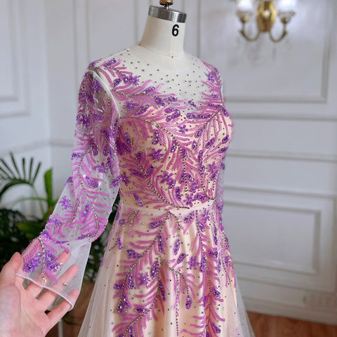 Muslim Lilac A Line O Neck Beaded Dubai Luxury Long Evening Dresses Gowns 2025 For Women Wedding Party LA71958