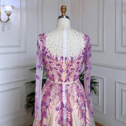 Muslim Lilac A Line O Neck Beaded Dubai Luxury Long Evening Dresses Gowns 2025 For Women Wedding Party LA71958